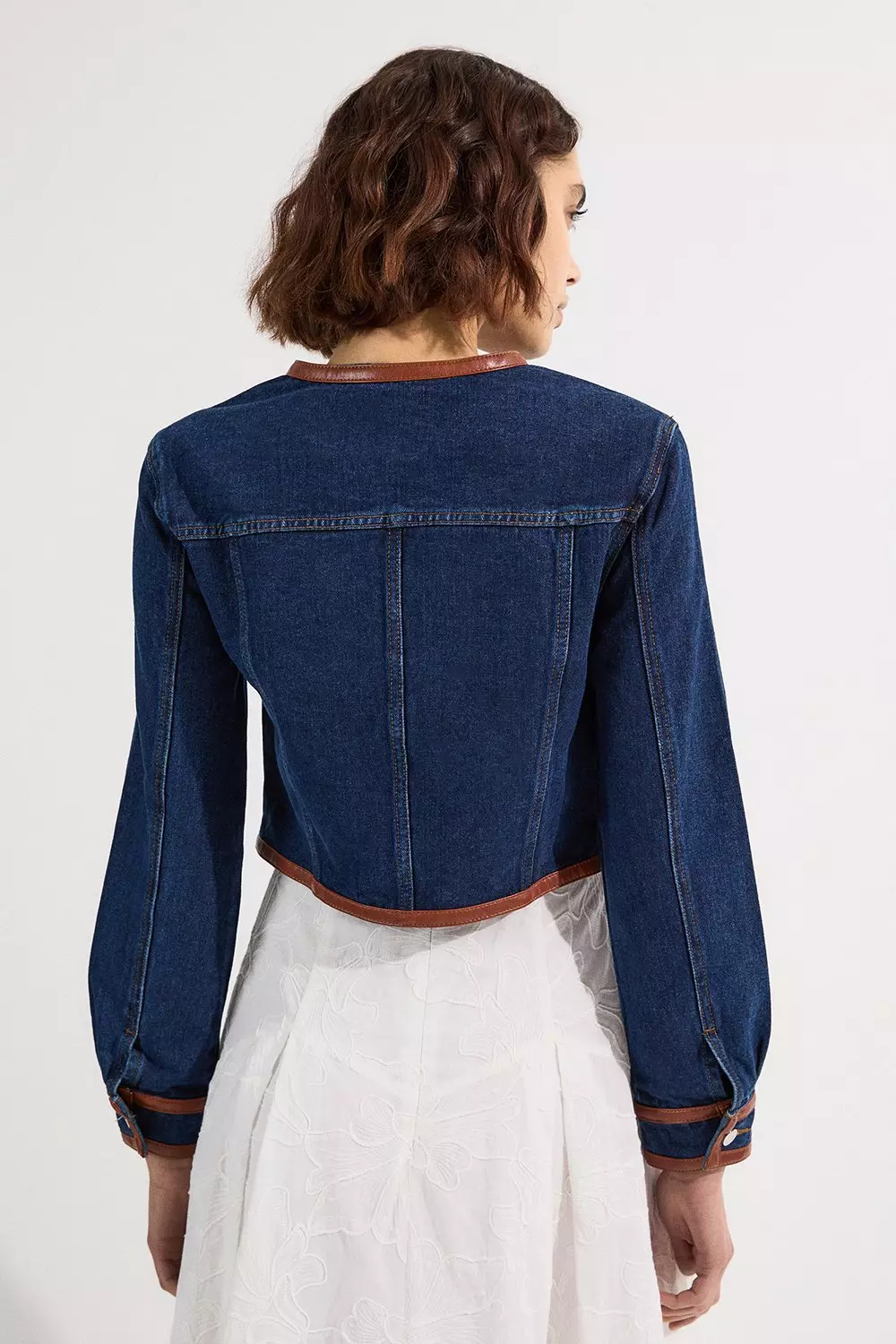 Denim & Faux Leather Tipping Collarless Tailored Jacket